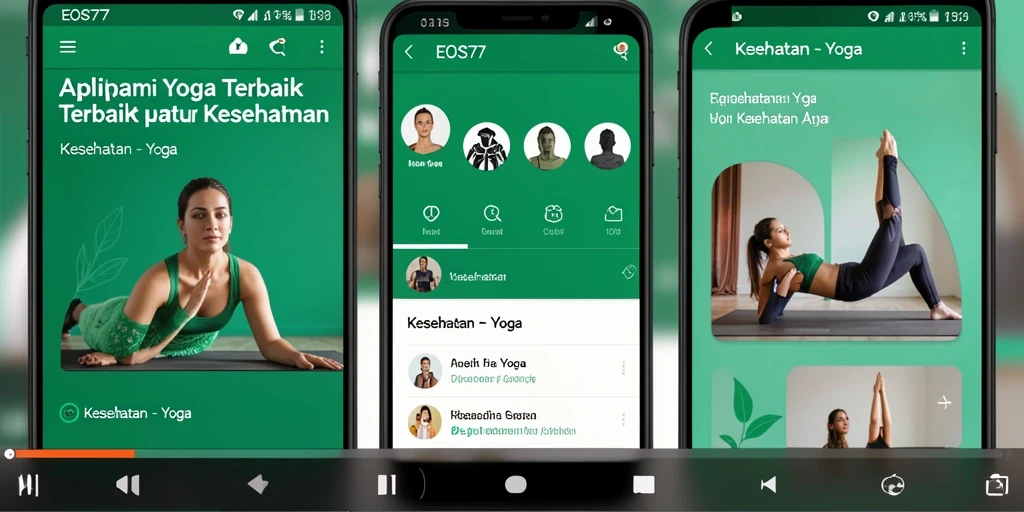 Antarmuka aplikasi EOS77 menampilkan berbagai pose Yoga dan video panduan.